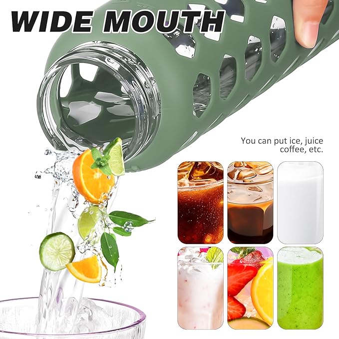 MUKOKO Glass Water Bottles, 24oz Glass Tumbler with Straw, Drinking Bottles with 2 Lids-Handle Spout Lid&Bamboo Straw Lid, Motivational Water Bottle with Time Marker and Silicone Sleeve, 1 Pack-Olive
