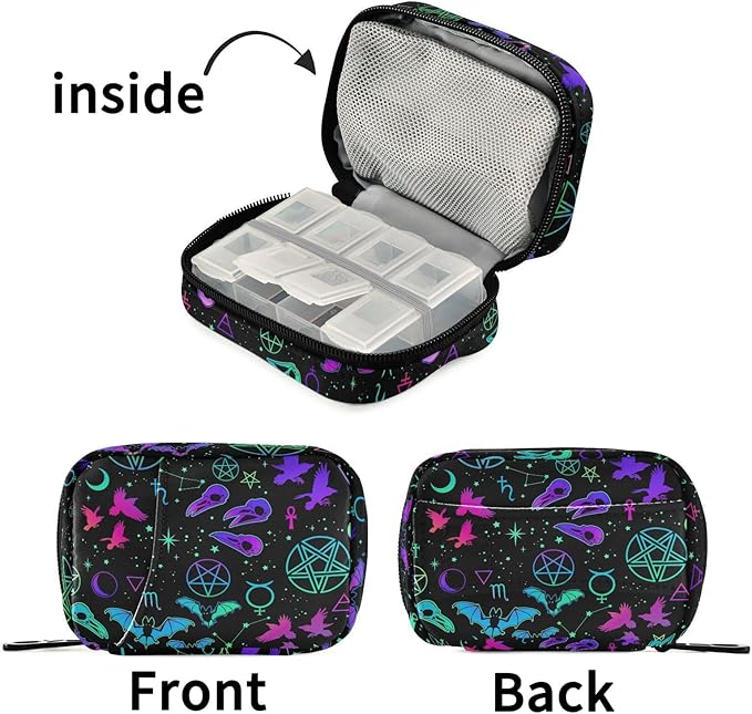Fustylead Witchcraft with Different Magic Elements and Animals Travel Pill Case Bag with Zipper Weekly Pill Box 8 Compartments 7 Day Personal Pill Case Purse Medicine Case Organizer