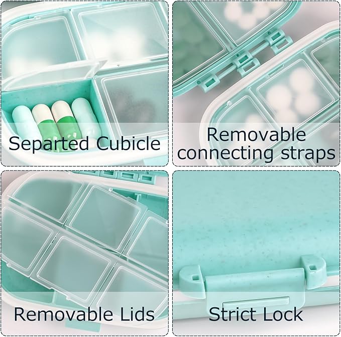 1Pack Travel Pill Organizer & 56 Medicine Name Stickers, 8 Compartments Portable Pill Case, Small Pill Box for Pocket Purse Portable Medicine Vitamin Container with Stickers (Blue with Stickers)