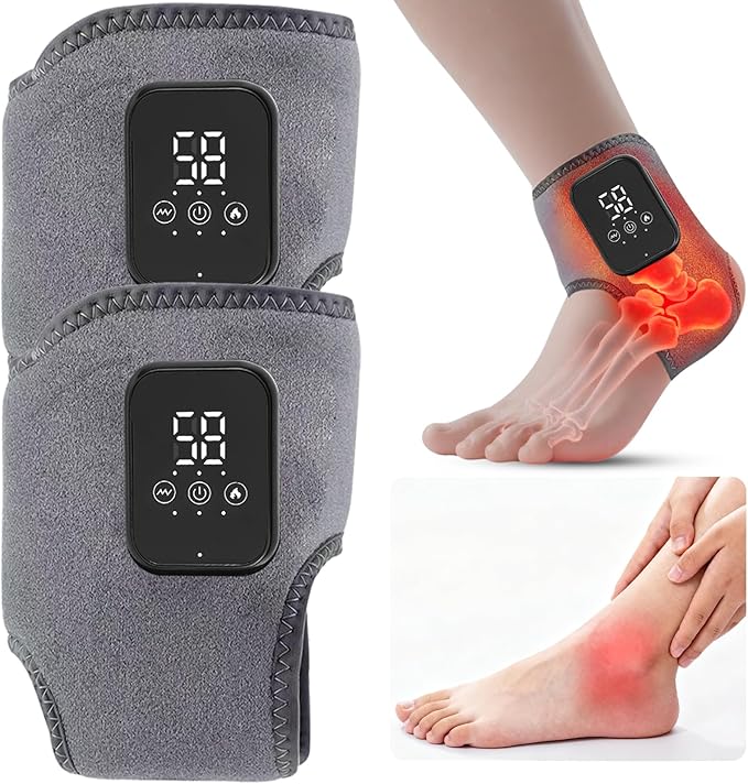 Foot Renew Ankle Massager with Vibration and Heat - Cordless Rechargeable Ankle Heating Pad for Pain Relief, Plantar Fasciitis & Achilles Tendonitis. Adjustable Wrap for Circulation Boost. (GRAY-2pcs)
