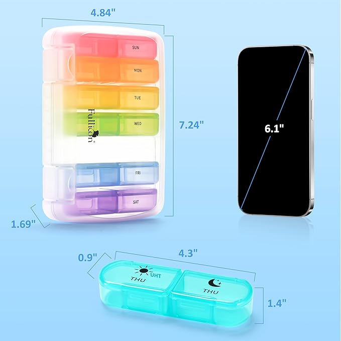 Fullicon Extra Large AM PM Pill Box Organizer 7 Day, Travel Medicine Pill Organizer 2 Times a Day, Large Supplement Vitamin Dispenser, Weekly Jumbo Pill Case Container for Purse (Clear Rainbow)