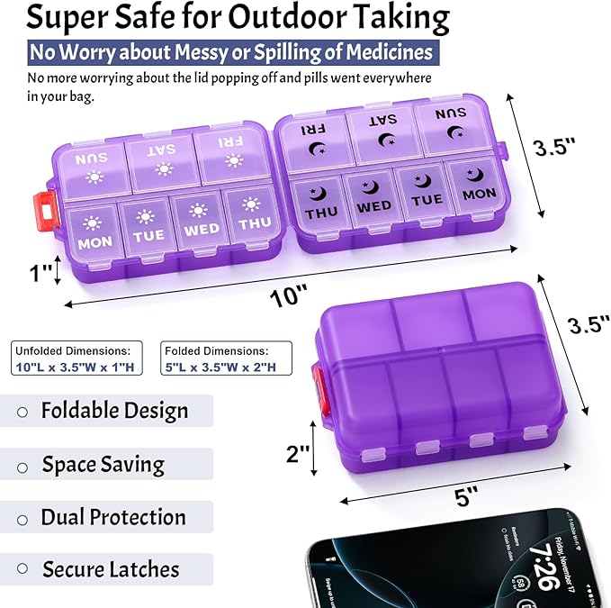 Foldable & Portable Weekly Pill Organizer 2 Times a Day with Clear Printed Labels - 7 Day AM PM Medicine Box, Week Daily Travel Pill Case Holder for Medications, Vitamin, Supplement - Clear Purple