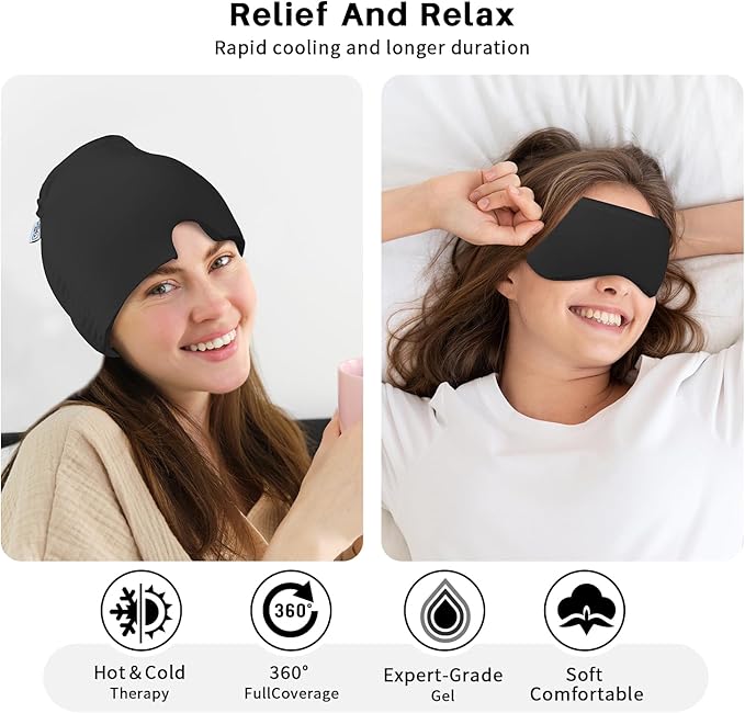 Migraine Relief Cap, Headache Relief Cap 2PCS with Gel Eye Mask, Hot Cold Therapy Ice Cap, Cooing for Head Sinus, Puffy Eyes, Tension and Stress Relief Gift Set for Men Women