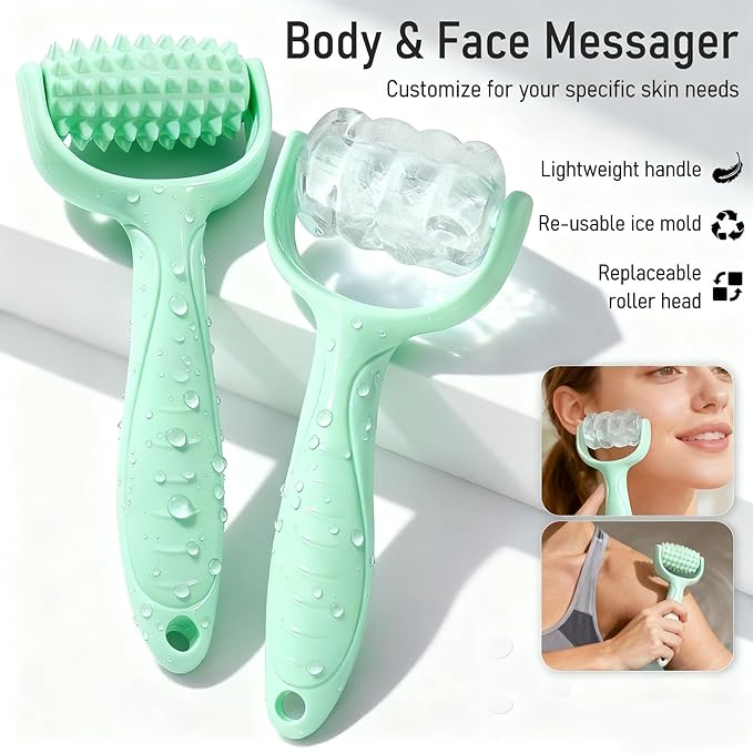 Ice Roller for Face, Reusable Facial Ice Roller for Eyes, Face, and Neck, 2 in 1 Massage Roller with Ice Face Mold and Silicone Textured Roller Head for Skin Care and Puffiness & Pain Relief, Green