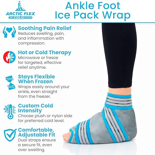 Arctic Flex Ankle Foot Ice Pack Wrap - Reusable Gel for Hot Cold Therapy - Large Soft Wrap for Injuries - Long-Lasting & Flexible for Pain Relief, Achilles Tendonitis, Sprains, Swelling