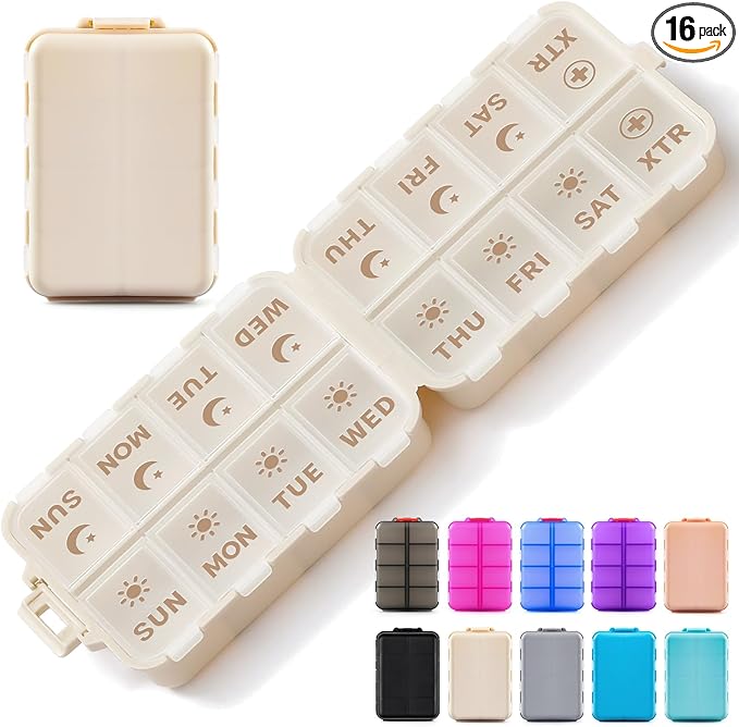 Foldable & Portable Pill Organizer 2 Times A Day with Extra Compartments - Etched Labels - Weekly 7 Day AM PM Medicine Box, Week Daily Travel Pill Case Holder Dispenser for Vitamin, Supplement - Khaki