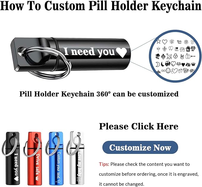 2Pcs Keychain Pill Holder, Personalization Large Capacity Waterproof Travel Pill Organizer Pill Container Custom Small Pill case with Text for Outdoor Camping Travel Gifts (Black)