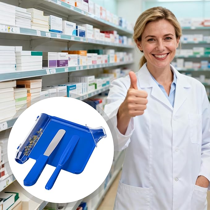 SimCoach Pill Counting Tray, Right Hand Pill Counter with Spatula, Larger Pharmacy Counting Tray with Added Guide Cap (Blue)