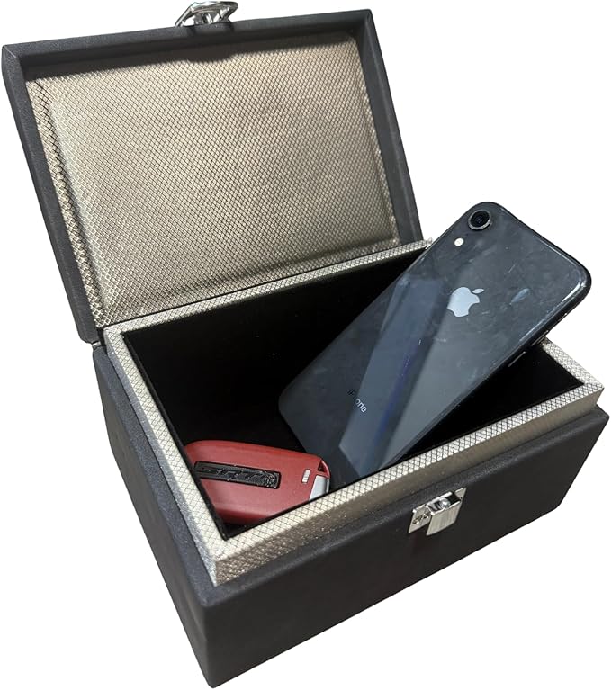 Faraday Box for Car Keys, RFID Signal Blocking Key Fob Protector, Large Capacity Suede Anti-Theft Box with Silver Buckle (Fits Multiple Keys, Phones & Cards) - Black