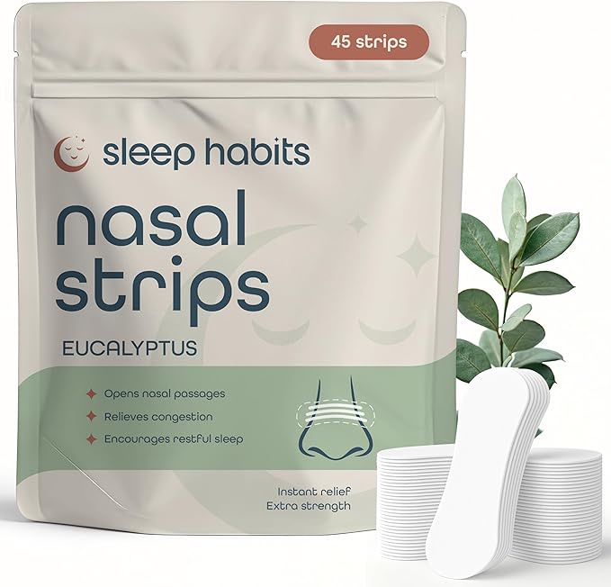 SleepHabits 45PC Breathing Strips, Non-Toxic Tested Nose Strips for Breathing & Sleep | Nasal Strips for Snoring Solution | Extra Strength for Sensitive Skin | Nasal Strips for Sleeping, Eucalyptus