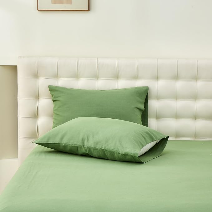 Simple&Opulence Belgian Linen Sheet Set Solid Color - 4 Pieces (1 Flat Sheet & 1 Fitted Sheet & 2 Pillowcases) Natural Flax Cotton Blend Soft Bedding Breathable Farmhouse - Khaki Green, King Size
