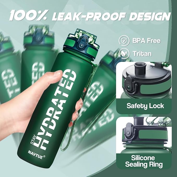 Water Bottle, 32oz Sports Water Bottles with Time Marker Wide Mouth, Motivational and Leakproof Drink Bottle, BPA Free Tritan with Carry Strap for Gym Fitness Outdoor (1 Bottle)