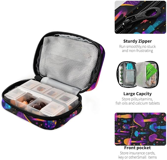 Pill Organizer Box Case Weekly Travel Pill Container Cute Pill Holder 7Day Vitamin Organizer Pill Dispenser Sorter Planner Storage Small Compact Neon-Colored Mushrooms Stars and Dots29