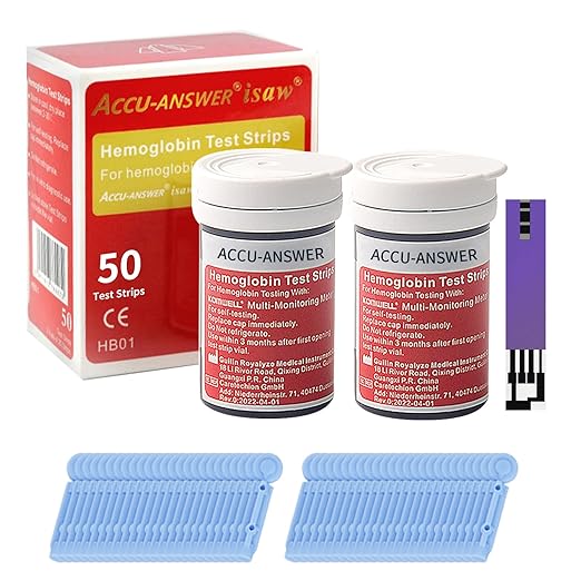 50 Test Hemoglobin Test Strips for ACCU-Answer 4-in-1 Test Meter, 50 Lancets Total Included. No Code Card Need, Accurate and Fast, Easy to Use and Read