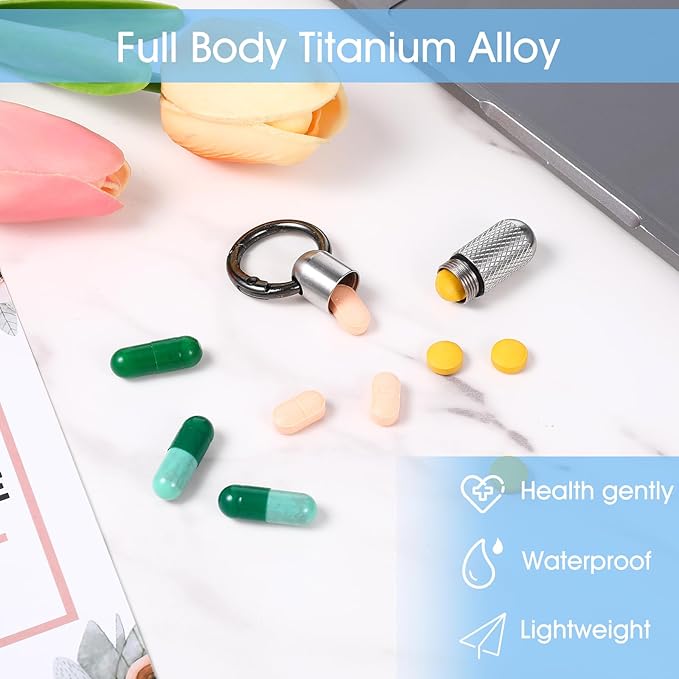 Small Pill Case Keychain Tiny Portable Carabiner Clip Pill Holder Bottle Micro Waterproof Metal Pill Container Mini Emergency Medicine Organizer (Silver Reticulation)