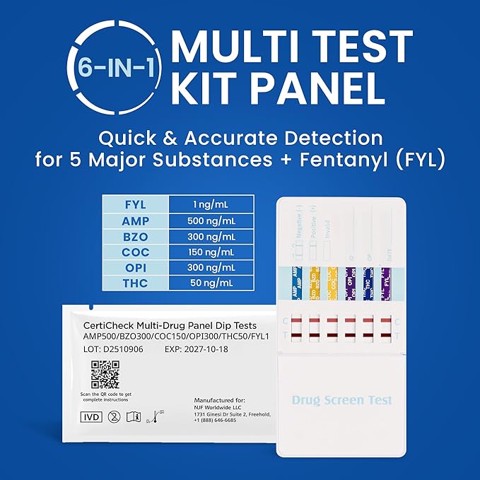 6 Panel Federal Multi-Drug Urine Test Kit, Federal 5 Urine Drug Test with Fentanyl (1 ng/mL), Cocaine, Amphetamines, Opiates, PCP & THC Tests for Home Use, Fast Results Multi-Panel Dip Tests at Home