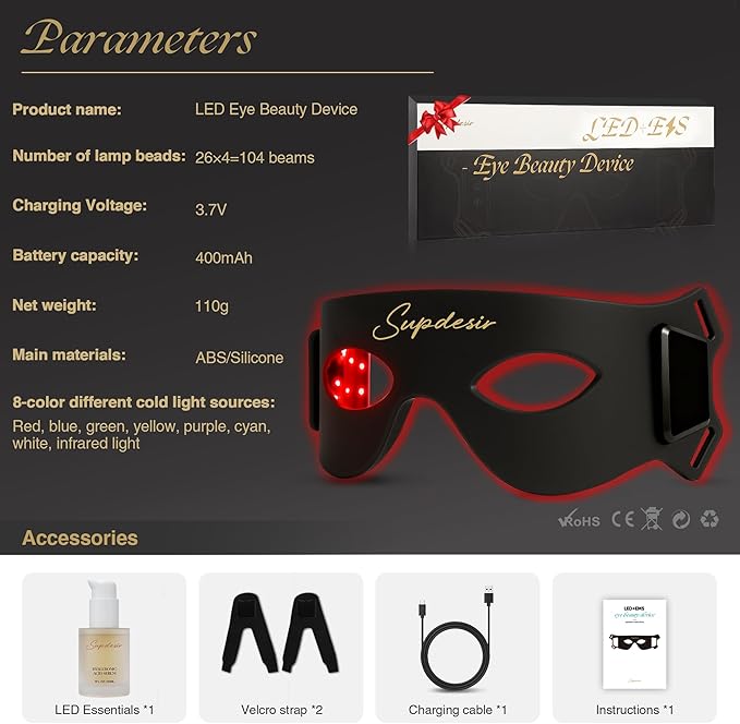 Red Light Therapy Eye Mask, 7-Color LED Light Therapy, 5-Level Gentle Massage Under Eye Device, Under Eye Red Light Therapy for Fine Lines Eye Bags Dark Circles for Men Women