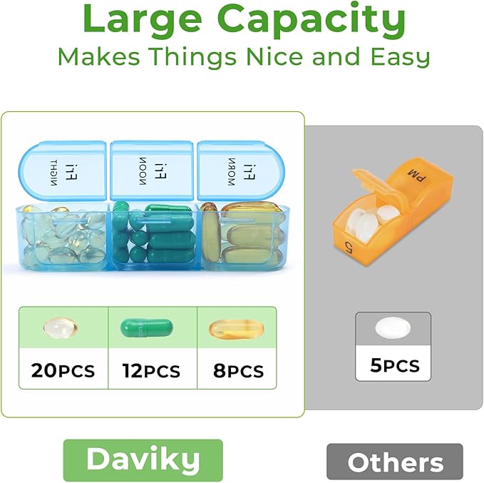 Daviky Daily Pill Box Organizer - 7 Day Pill Box with 3 Compartments, Holds Vitamins and Medication