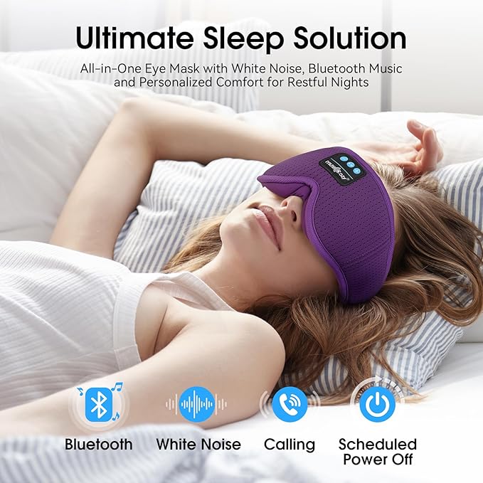 MUSICOZY White Noise Sleep Mask Headphones with 16 Soothing Sounds, Bluetooth Sleep Mask 3D Wireless Music Sleeping Headphones for Side Sleeper
