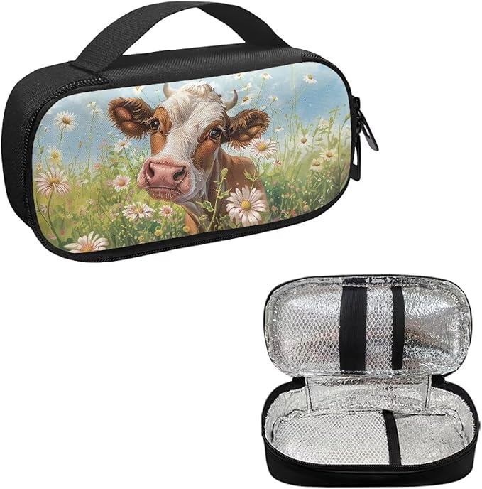 Cute Cow Daisy Insulin Cooler Travel Case Large Capacity Diabetic Medication Cooling Bag with Pockets for Insulin Pens While Traveling and Other Diabetic Supplies