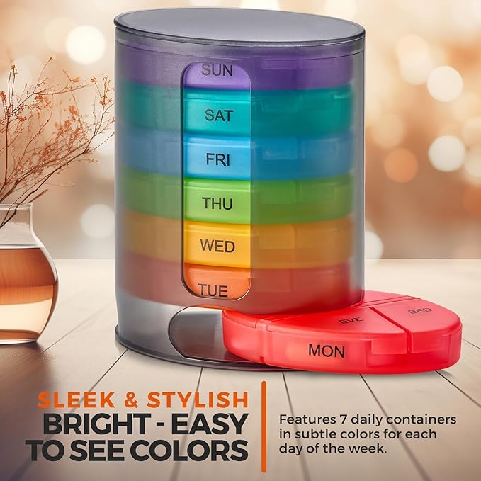 MEDca Weekly Pill Organizer, 1 Dispenser, 7 Stackable Multi-Color Compartments Four Times-a-Day - Morning, Noon, Evening, and Bedtime, Black, Case of 40