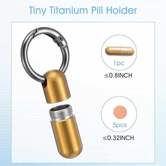 Small Pill Case Keychain Tiny Portable Carabiner Clip Pill Holder Bottle Micro Waterproof Metal Pill Container Mini Emergency Medicine Organizer for Outdoor Camping Travel Purse (Gold)