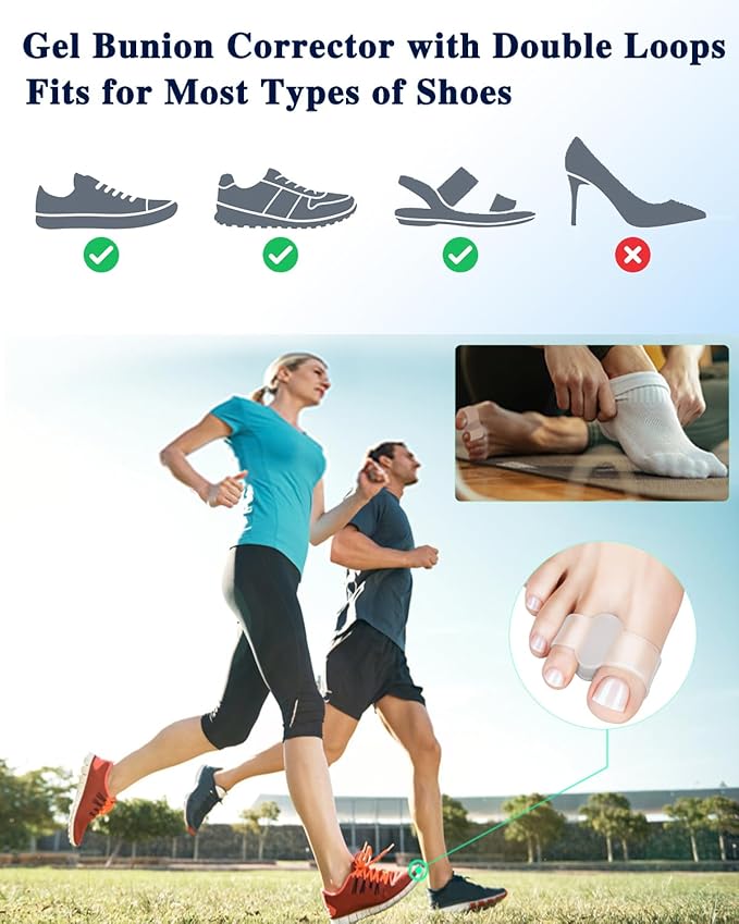 8PC Bunion Toe Separators Gel Bunion Corrector Soft Big Toe Spacers for Feet Women Men Toe Correct, Elasticity Hammer Toe Straightener with 2 Loops (4 Nylon+4Gel)