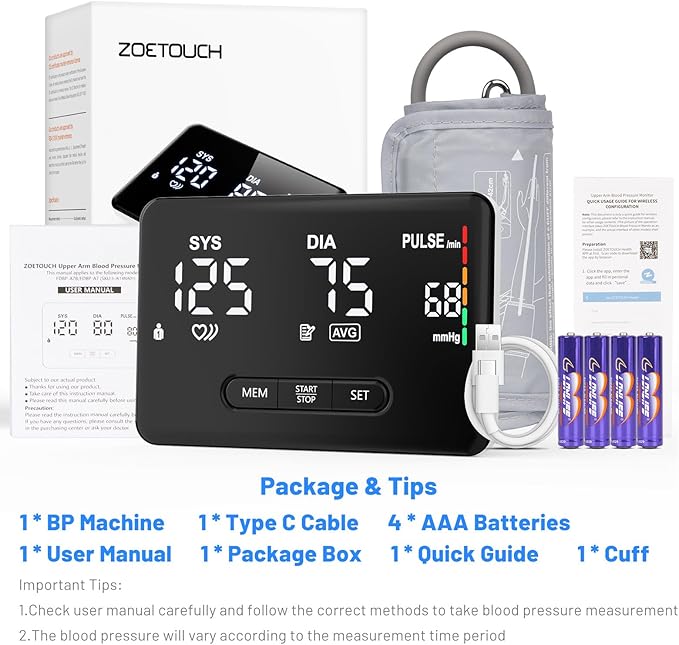 Smart Bluetooth Blood Pressure Monitor by ZOETOUCH - Clinically Accurate - Digital Wireless BP Machine Cuff Upper Arm for Home Use Large LED Display, App Connectivity, 2 Users, Fits Arms 8.7-16.5"