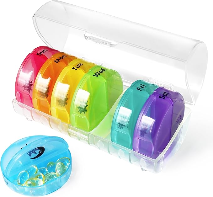 MOLN HYMY Portable Pill Organizer 2 Times a Day, Travel Friendly 7 Day Medicine Pill Box with Large AM PM Compartments for Medications/Vitamins/Fish Oil/Supplements (Rainbow+White Case)