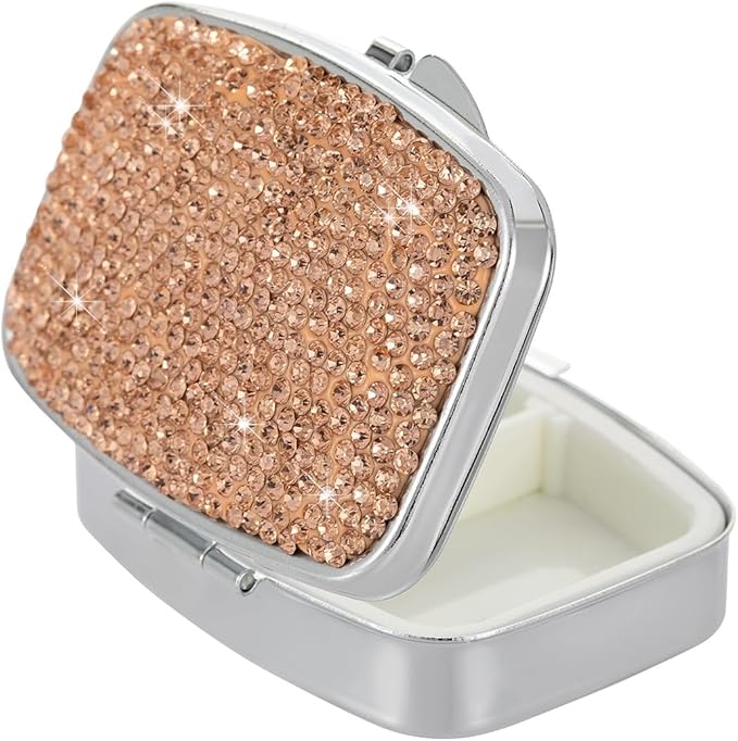 Pocket Pharmacy Bling 2 Compartment Medicine Organizer Small Cute Pill Container Travel Pill Box Case for Purse Square Vitamin Holder for Pocket(Peach)