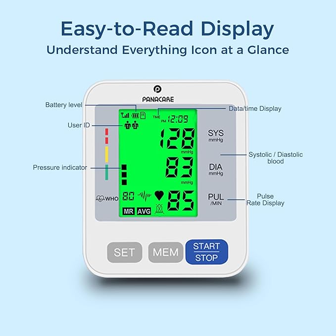 P PANACARE Blood Pressure Monitor, Upper Arm BP Machine for Home Use, 2×99 Memory, 3.4" Large Backlit Display, Adjustable Cuff (8–16 inches), Gray