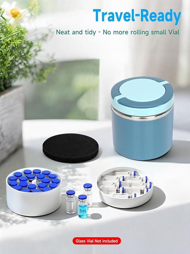 3ml Peptide Case for Fridge Vial Inserts with 22oz Food Jar, Peptide Fridge Case/Peptide Travel Case TSA Approved, Holds 28 Vials, Peptide Storage - Fridge/Travel Safe (Blue Jar and White Insert)
