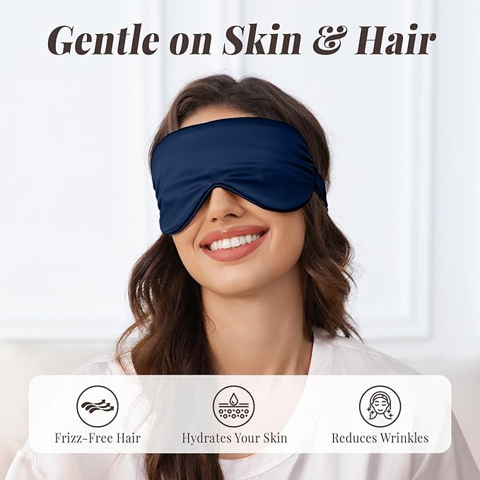 THXSILK 6A+ Grade 25 Momme Silk Sleep Mask, 100% Mulberry Blackout Eye Mask for Sleeping, Soft Lightweight Silk Eye Cover for Women, Men, Travel, Nap, Airplane(4.7×27.5inches, Navy Blue)