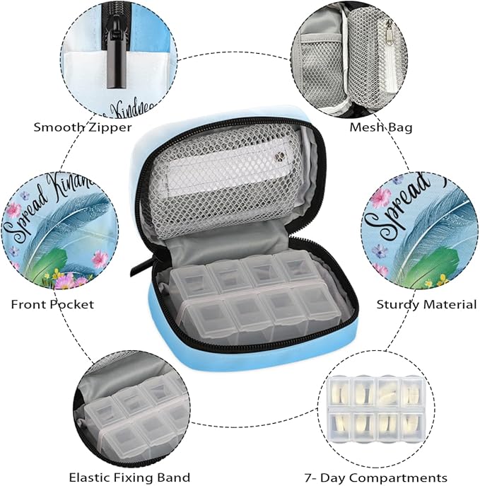 Blue Feather Flower Pill Case Travel Pill Organizer Weekly 7 Day Portable with Zipper Medicine Box Pill Case for Vitamins, Birth Control,Fish Oils,Medication, Supplements