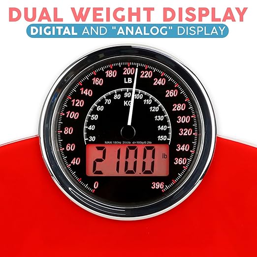 Adamson Hybrid 2-in-1 Analog & Digital Weighing Scale for Body Weight up to 400lbs - Thick Tempered Glass - Extra Large Display - Easy to Read Digital Bathroom Scale - New - Red