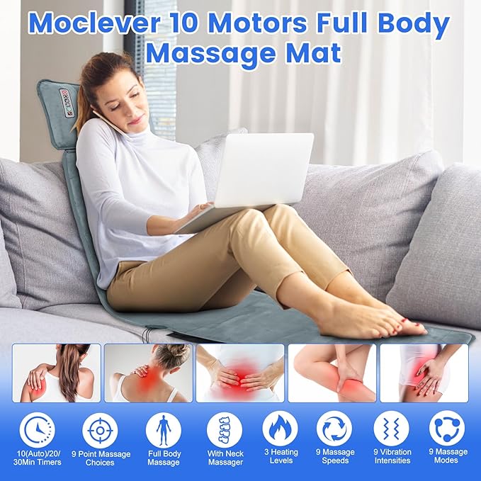Full Body Massage Mat with Heat,Massage Mattress with Shiatsu Neck Massager & Movable Neck Back Massager Pillow,10 Vibrating Motors,9 Massaging Modes & Timer for Back Leg Pain Relief