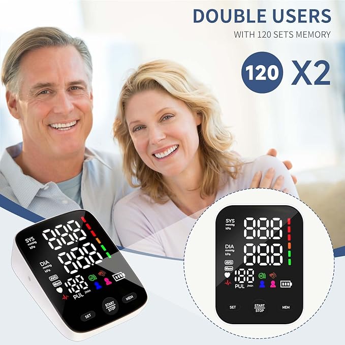 Blood Pressure Monitor Upper Arm,Accurate Digital BP Machine for Home Use,2-User 240 Sets Memory,2 M/XL Cuffs (8.7"-21"),Large Backlit LED,Lifetime Support