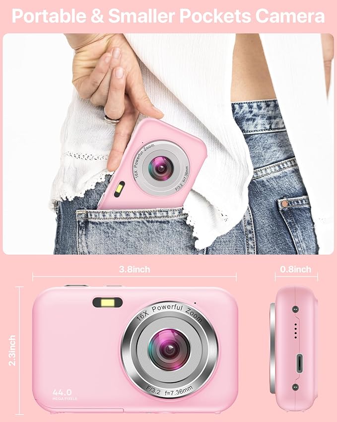 Digital Camera, Kids Camera with 32GB Card, FHD 1080P 44MP Vlogging Camera, 16X Zoom Point and Shoot Digital Camera Compact Portable Rechargeable Cameras for Teens Boys Girls Students Seniors-Pink