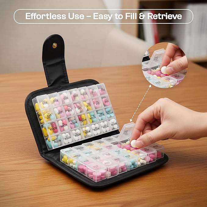Week AM/PM Pill Organizer Box, Waterproof Travel Medicine Case, Portable Vitamin Holder, Compact Daily Pill Storage for Home, Office, and On-The-Go Use, Durable Med Organizer (Black)