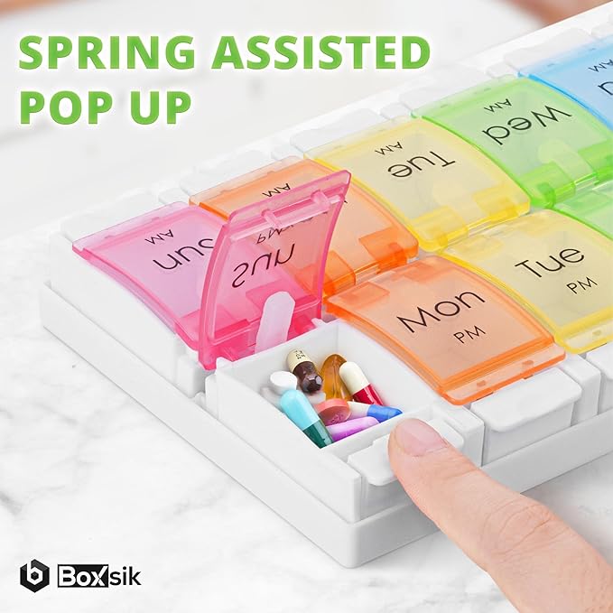 Pill Box Organizer (Rainbow), 7-Day 2 Times a Day Medicine Storage Case w/Spring Opening & Detachable Compartments, Weekly Tablet Pills Container for Vitamins, Supplements & Travel Medication