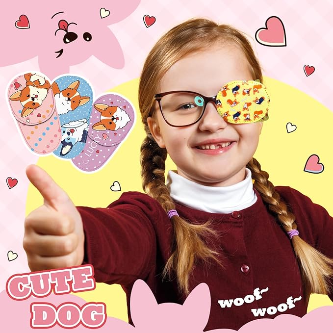 Newcotte 12 Pcs Eye Patch for Kids Toddler Reusable Adjustable Girls Boys Eyepatch for Glasses Left or Right Eye Patch, Assorted Patterns (Corgi Dog)