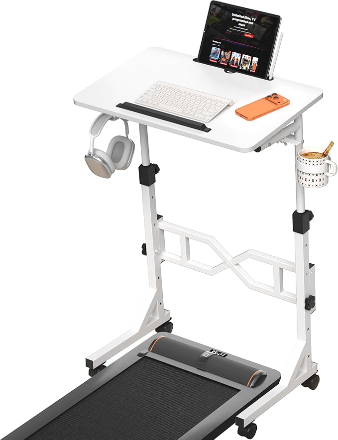 Small Standing Desk with Wheels, 29.5-45.3 Inch Adjustable Height, Portable Treadmill Desk, Rolling Computer Table for Walking Pad with a Cup Holder and a Hook
