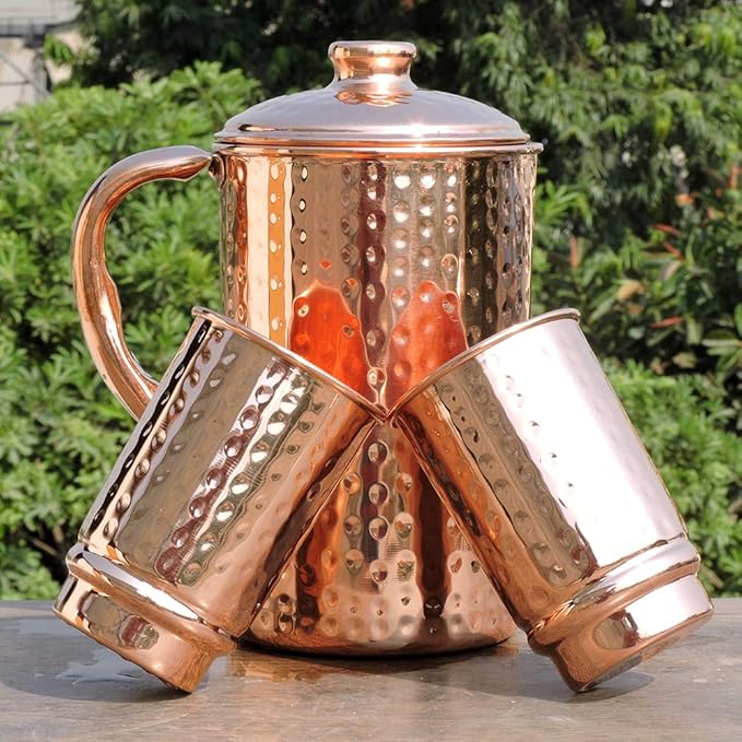 Copper Pitcher with 2 Copper Cups Set | Pure Copper Water Jug & matching tumblers Set for Home & Wellness, Hammered Finish Handcrafted for Daily Hydration & Natural Living