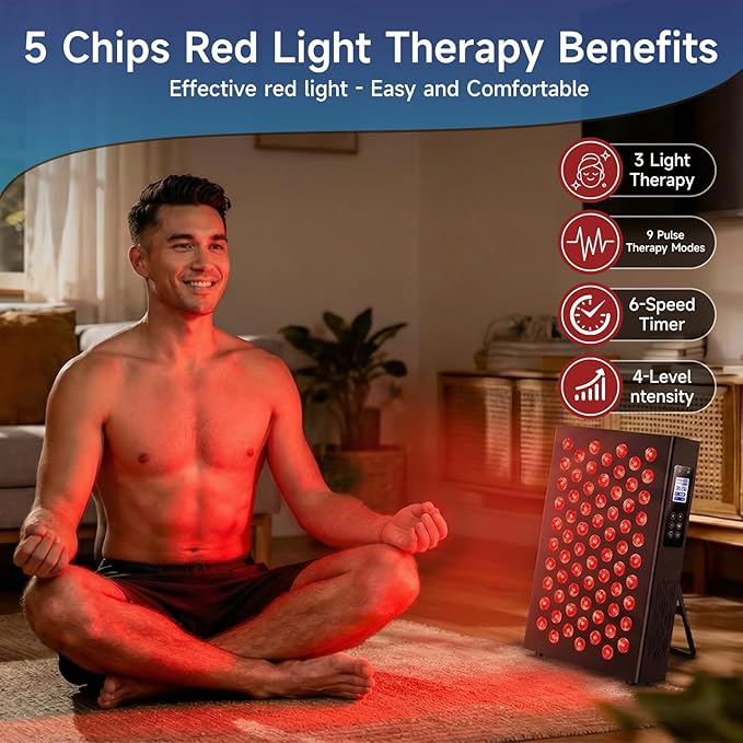 Red Light Therapy Box, 5in1 LED with 630-660-810-830-850, Metal Case, 3 Modes Red Light Panel with Soft Belt, 6 Timing Set - 9 Pulse Modes - 4-Level - Red Light Therapy Panel for Body