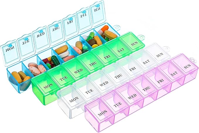 Weekly Pill Organizer,4Pcs 7 Day Pill Case Daily Vitamin Case Medicine Box Portable Medicine Organizer with Compartment 4 Colors AM PM Pill Containers for Medicine Supplements Fish Oil