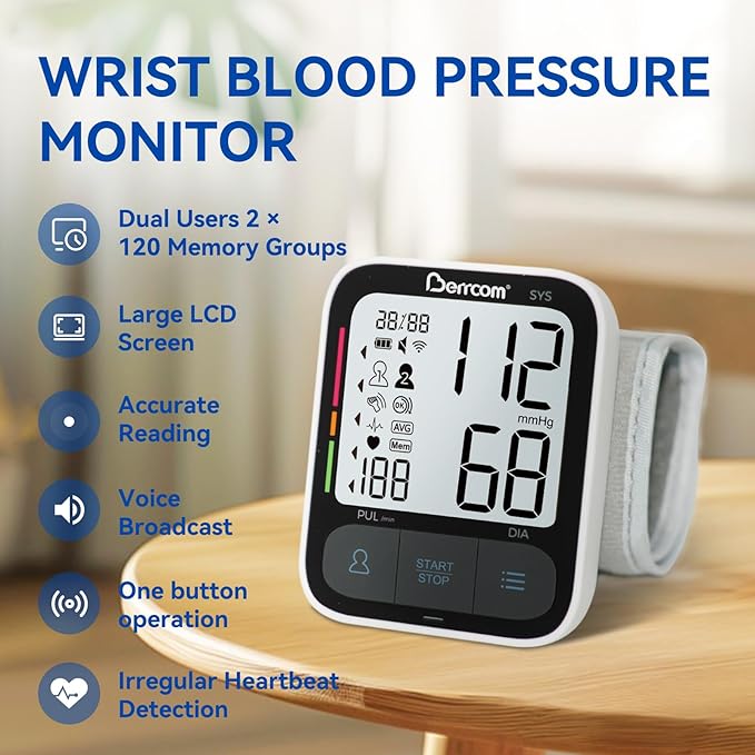Berrcom Wrist Blood Pressure Monitor for Home Use, Automatic Digital BP Machine with Voice Broadcast, Large LCD Display, 2×120 Memory, Portable Case Included