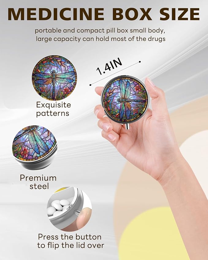 LRITER Pill Case, Portable Travel Pill Box, Pillbox Organizer, Cute Small Medicine Storage Container, Purse Accessories for Women, Men (Pill Case-Dragonfly A)