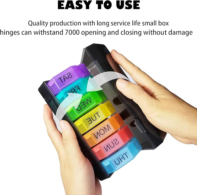 Weekly Pill Organizer 4 Time a Day，Pill Dispensers， Pill Box 7 Day with 28 Extra Large Compartments Portable Travel ，4 Times a Day Pill Case, for Medication/Vitamins/Fish Oils (Black Rainbow)