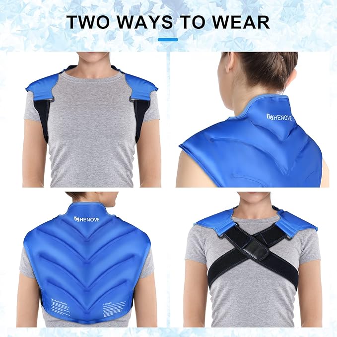 Chenove Ice Pack for Shoulders Upper Back with Strap, Neck and Shoulder Ice Pack Wrap Rotator Cuff Gel Reusable with Cold Compression Therapy, Soreness (Blue)