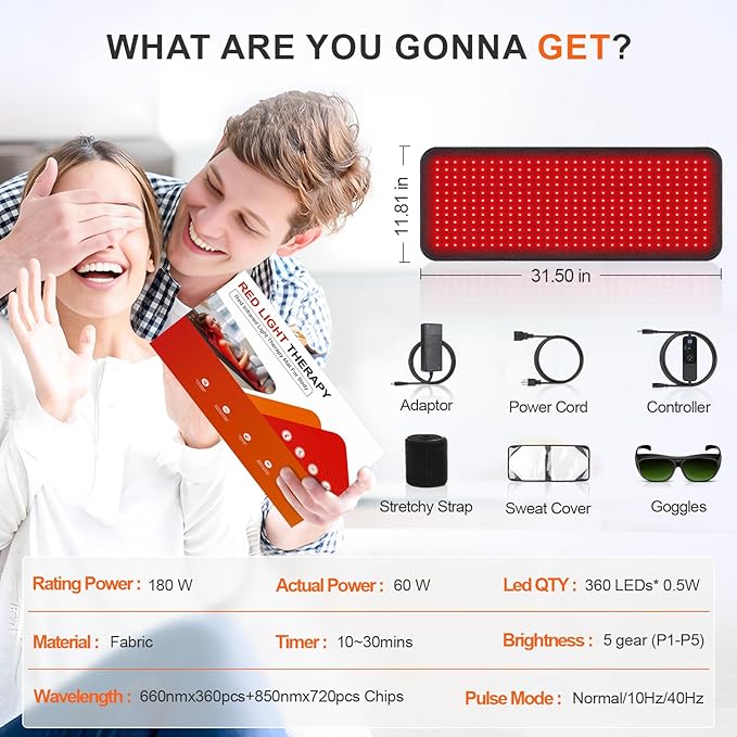 Red Light Therapy Mat for Body, 60W 31.5" x 11.8" 660nm & 850nm 360 LEDs Home Infrared Light Therapy Pad Blanket with Smart Temp & Timer for Back Belly Shoulder Muscle Pain Relief